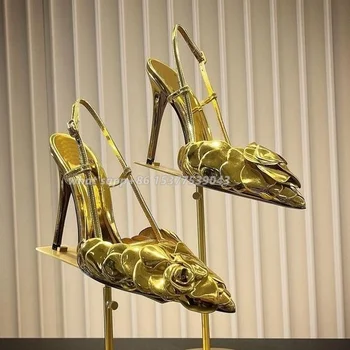 Ouro Espelho De Couro De Flor De Rosa Sandálias De Dedo Apontado Oca De Design Da Marca Stiletto Salto Alto Para Trás Tiras De Fivela De Sapatos De Verão