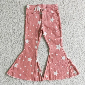 4 de julho de Moda Bebê Menina cor-de-Rosa Estrela de Roupas de Jeans Sino Inferior Calças Garoto Atacado Boutique Crianças da Criança Jeans Calças