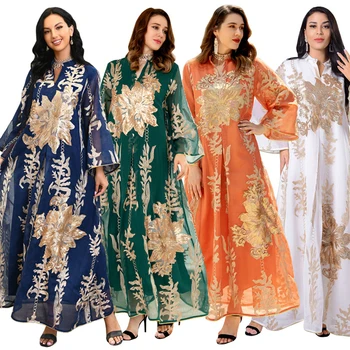AB056 Maxi Vestido Dourado de Paetês Bordados Verde Branco Abaya Mulher Muçulmana Feminino Jalabiya árabe Elegantes Roupas de Mangas compridas