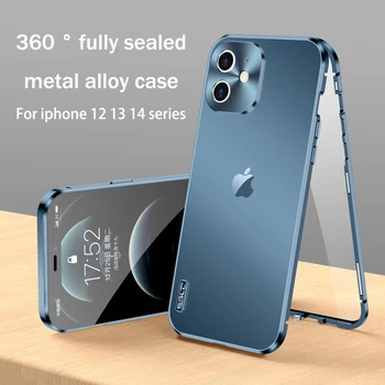 Para o iPhone 14 13 12 Pro Caso Máximo de 360°, Totalmente vedada Magnético de Adsorção de liga de Metal HD de Vidro de Dupla face, tampa de proteção