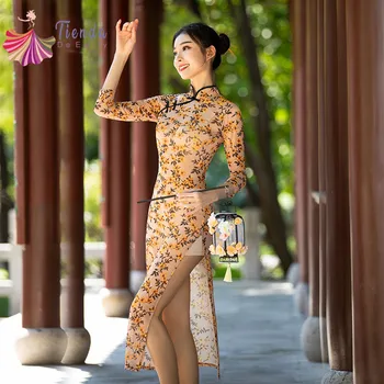 Mulheres de Dança Clássica do Corpo Rima Vestuário Chinês Dança Folclórica Traje Morden Cheongsam Floral Gaze Vestido Elegante Longo Hanfu 2XL