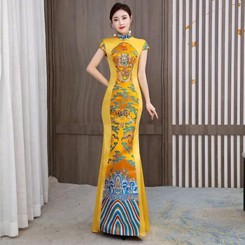 Vestido De Noite Comprido Vermelho Amarelo Magro Qipao Chinês Vestido Eleganti Mulheres Cheongsam Manto Vintage Tradicional Hanfu Figurinos