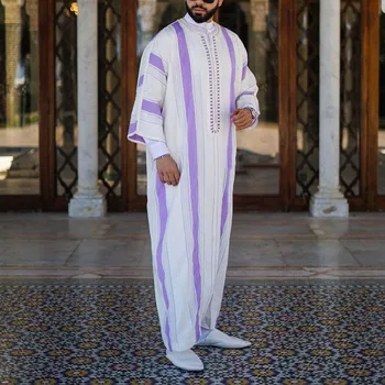 Homens Jubba Thobe Muçulmano Moda Árabe De Dubai Kaftan Listrado De Impressão Casual Blusa Folgada Camisas De Vestido De Vestes Vestido De Vestuário Islâmico