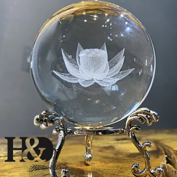 H&D 60mm 3D Gravados a Laser Flor de Lótus Bola de Vidro Cristal de Cura Bola Miniaturas Esfera Decoração Home Acessórios com Suporte