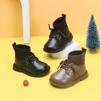 Outono Inverno Crianças Botas Curtas Crianças Meias Sapatos de Criança de Meninos Meninas rapazes raparigas Sapatos de Couro coreano Bebê Único Ankle Boot
