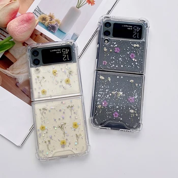 Bonito Flor Seca Glitter Claro de Estrelas o Caso do Telefone Para Samsung Galaxy Z Flip 3 5G à prova de Choque Tampa Traseira para Z Flip3