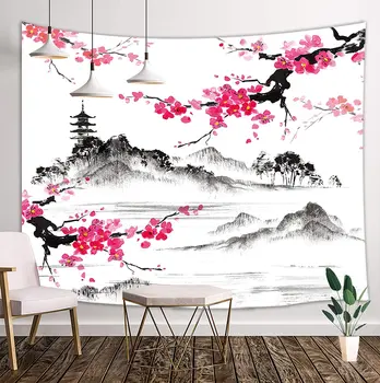 Japonês Aquarela Primavera Tapeçaria Pendurada na Parede, Monte Fuji com Flores de Cerejeira (Sakura Flor de Parede Tapeçaria de Parede Arte Cobertor