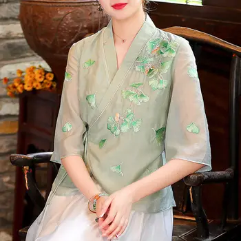 As mulheres de Estilo Chinês Bordado Lace-up Tops Shrits Tradicional Zen Chá Elegante Hanfu Roupas Retro V-pescoço Casaquinho de Roupões de Blusa
