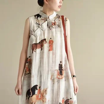 2022 Solta Chinês Vestido Sem Mangas Mulheres Chinesas Cheongsam Vestido De Linho Qipao Chinês Tradicional Vestido Longo Vestido Qipao