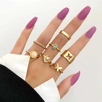 Vintage Verão 8Pcs/Set grupo de Amigos de Fadas Coloridas de Pedra Metalico de Moda de Anéis de Dedo Coreia Bater Anéis para as Mulheres, a Menina de Festa