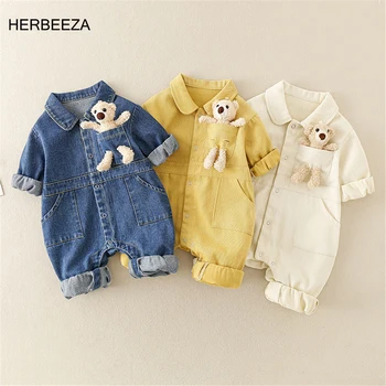 Jeans de Bebê, Roupas de impressão Infantil Vestuário do urso boneca Recém-Nascido Macacão de Roupas de Crianças de Manga comprida Macacão de Ferramentas de Estilo