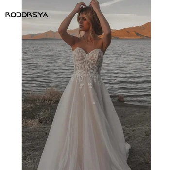 RODDRSYA Princesa Uma Linha de Vestidos de Noiva 2023 Applique Lace Strapless Tulle Vestido de Noiva de Trem de Varredura Querida Vestido De Noiva