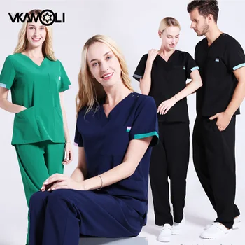 Alta qualidade elástico cirúrgico roupas médico roupas oral clínica roupas de trabalho de homens e mulher médicos uniforme esfrega conjunto