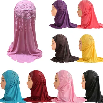 Crianças muçulmanas Meninas Hijab Borla Uma Peça Amira Turbante, Xale Lenço de Cabeça, Enrole Islâmica Strass Oração Hijabs Cap Hat 2-6Y Hijabs
