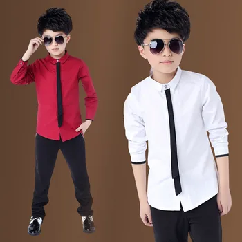 Rapaz de camisa Vermelha Primavera 2019 Clássico Branco Sólido Tops de Algodão Camisa de Manga Longa para 4-14 anos Outono Roupas de Crianças