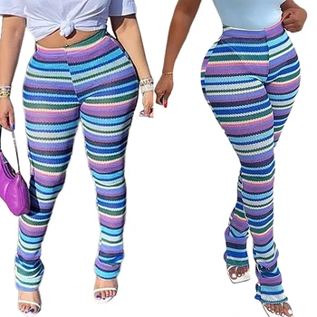 Listrado de Babados Calça Legging para as Mulheres Y2K arco-íris de Malha com Nervuras Empilhados Calças de Streetwear Elástico Meados de Cintura de Calças Compridas