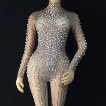 Sexy pearl macacão de mulheres da menina de partido show no palco bodysuit de dança jazz traje