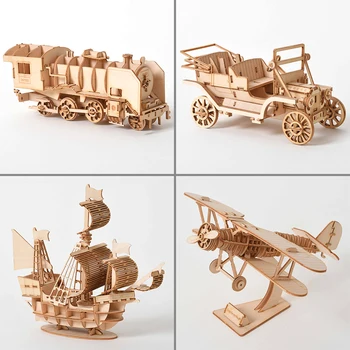 Corte a Laser DIY de um Navio de Trem de Avião Brinquedos de Madeira Puzzle 3D Brinquedo de Montagem do Modelo de Kits de Decoração da Mesa para Crianças