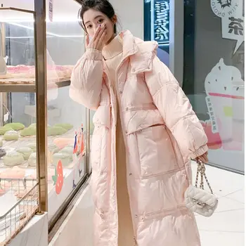 Mulheres 2021 novo branco pato para baixo sobre o joelho de comprimento médio para baixo do casaco estilo coreano com capuz solto casaco de roupas femininas