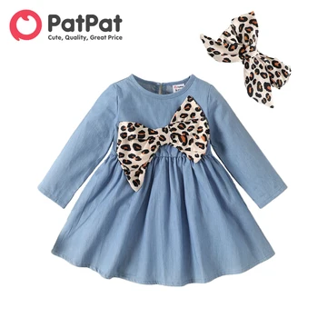 PatPat 2pcs da Menina do Bebê 100% Algodão, Jeans de manga comprida Leopard Arco da Frente do Vestido com a Faixa do Conjunto