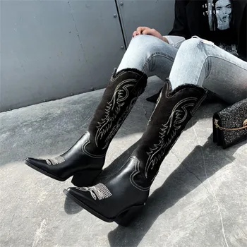 Chunky Calcanhar Apontado Toe de Couro Luva de Motociclista Botas Vintage Novo Western Cowboy, Botas para Mulheres