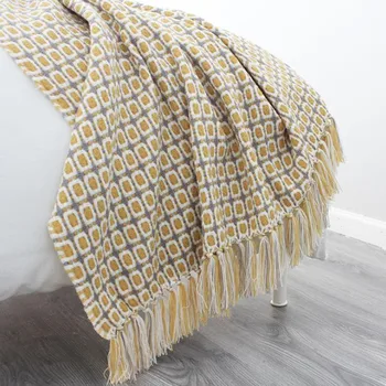 Cutelife New Nordic-Americano de Pastoral Vento cobertas de Cobertor INS de Malha Mantas Para Sofá de Estilo Simples, Amarelo Padrão de Verificação Cobertor