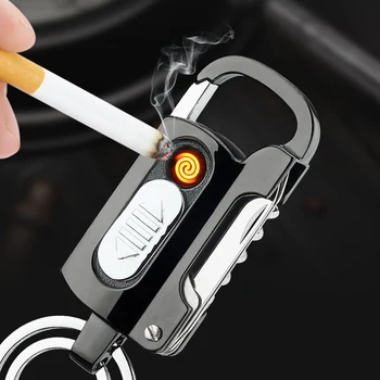 Chaveiro de Metal Isqueiros de Carregamento USB de Isqueiro com Lanterna Pequena Faca ao ar livre Ferramentas de Isqueiros Fumar Acessórios