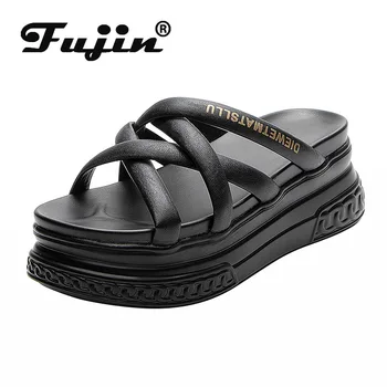 Fujin 7cm Chinelos de quarto Plataforma de Slides Sapatos de Mulheres de Verão Genuíno Sandálias de Couro Sapatos de Praia Moda para mulheres Zapatillas Mujer