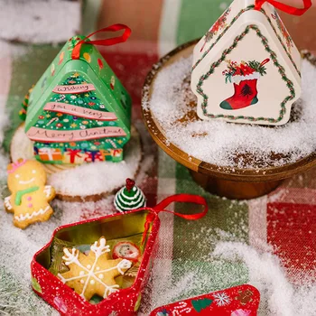 Doces de natal de Armazenamento de Latas de Árvore em Forma de Presente de Natal Organizador Frasco de desenhos animados Impressão de Ornamento para Gingerbread Cookies de Chocolate