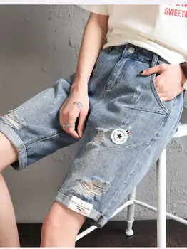 Mulheres Novas De Moda Shorts Jeans Verão Estilo Casual Ripped Jeans Na Altura Do Joelho