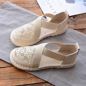 Verão Sandálias Lace Baotou Sapatos feitos à mão Retro Confortável e Versátil, a sapatilha de Moda Casual Sapatos femininos