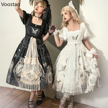 Vitoriano Vintage Sweet Lolita Vestido De Princesa Mulheres Elegante Laço De Malha Borboleta De Impressão Vestidos De Festa De Meninas Góticas Y2k Vestidos