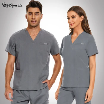 Avançado Cinza Unissex Enfermeira Uniformes Mulher Manga Curta, Decote Em V Tops Esfrega Camisas De Mens Esfrega Médica Superior Clinicos Casual Camisa