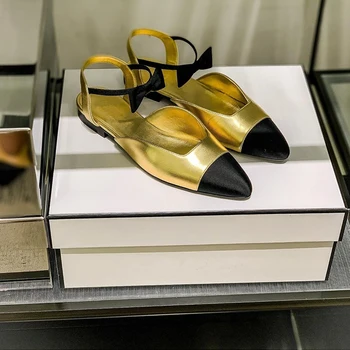 Mulheres Mary Jane shoes Moda do Dedo do pé Redondo Bowknot de Correspondência de Cor de Sandália Elegante Sandálias Sapatos de Luxo de Design de Ouro Flats Bombas