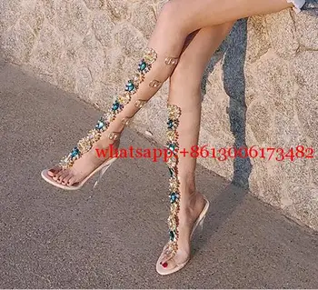 Novo costurada à mão, pedra preciosa de cristal de rocha sandálias Romanas de salto alto de cristal transparente sandálias de diamantes strass altura do joelho, sandália