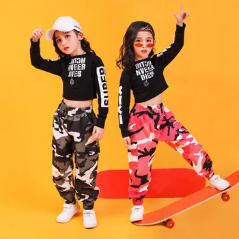 110-180cm Crianças Adultos Hip Hop Roupas de Moletom Superior Safra de Camuflagem Casual Calças para Menina Traje de Dança do hip hop Dança de Roupas