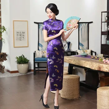Chinês Tradicional Longo Vestido Cheongsam Slim Floral Borboleta Vestidos De Noite Para Mulheres Vestidos Elegantes Qipao