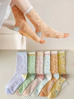 Novo estilo Japonês fresco pequeno de malha respirável confortável meias de algodão francês tridimensional pequena flor meias femininas