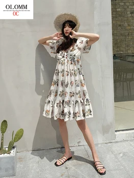 2020 Novas verão as Mulheres Impresso vestido Japonês e coreano faculdade de estilo com decote em V Bolha mangas de moda da saia Longa A2167#