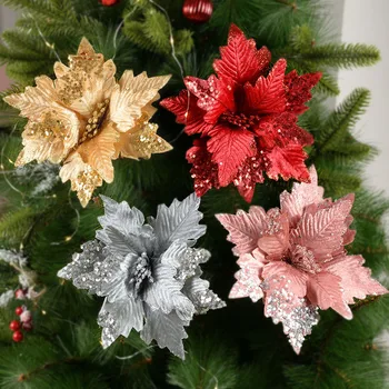 1/2pcs 25cm de Brilho Artificial de Natal Flores Poinsettia Flores de Natal Enfeites de Árvore de Natal Decoração de Presente de Ano Novo