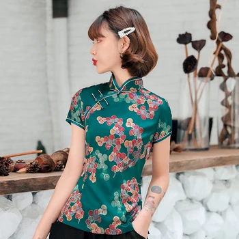 Tradicional Chinesa de Impressão Flor Tops Plus Size Mulheres Tang Casaco Sexy Magro de Camisa de Cetim Macio Blusa Vintage Classic Roupas 5XL