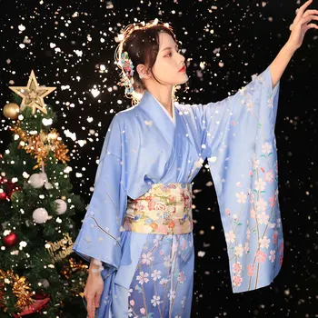 Primavera Harajuku Roupão Vestido De Mulher Tradicional Japonesa De Quimono Vintage Azul Imprimir Flor Gueixa Quimono Etapa Traje Cosplay
