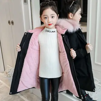 Meninas para Baixo Jaqueta casaco de Algodão Outwear Sobretudo 2022 Pele Quente Engrossar Mais de Veludo Inverno Respirável Roupas para Crianças