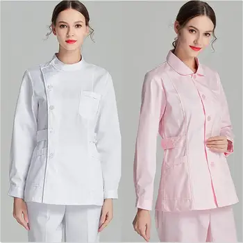 Jaleco branco de Médico Uniforme para as Mulheres Outwear Médica Roupas de Manga Longa Esfrega Superior Enfermeira Uniformes Salão de Beleza, vestuário de trabalho
