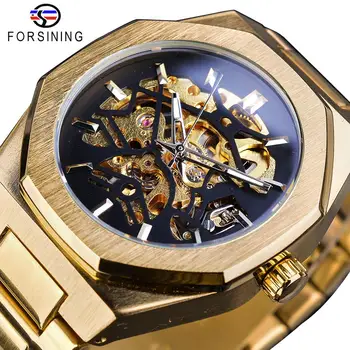 Forsining 2019 Ouro Relógios Automáticos Mecânicos Para Homens Esqueleto Impermeável Relógio Marca De Topo Luxo Mãos Luminosas Relógios De Pulso