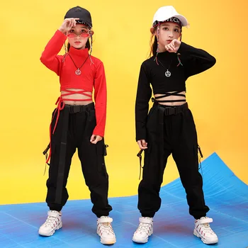 Garoto de Kpop Hip Hop Roupas Pescoço de Simulação de Crop Top de Manga comprida T-Shirt de Streetwear Carga Jogger Calças para Menina Dança Traje de Roupas