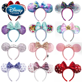Novo Original Disney Mickey Ouvidos Cabeça De Xangai Disneyland Minnie Headband De Couro Hairband De Lantejoulas De Proa Do Partido Acessórios De Cabelo