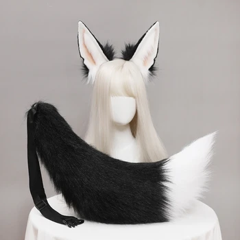 Cosplay de pêlo de Lobo Ouvidos Kawaii Cabelo Aro Cauda Conjunto de Lolita Traje de Pêlo Longo, Capacete para a Festa de Halloween Decoração