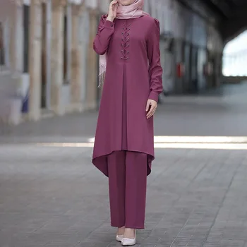 As Mulheres Muçulmanas Longo Tops Islâmica Conjuntos De Mulheres Muçulmanas Calças Abaya Dubai 2020 Turquia Roupa Ramadã Oração Roupa De 2 Peças De Conjunto