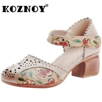 Koznoy Mulheres de Luxo, Sapatos de Salto Alto 4,5 cm de Impressão Oco Étnica Bombas de Verão do Dedo do pé Redondo de Couro Genuíno Sola Macia Lazer Sandálias